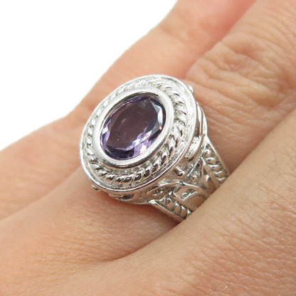 925 Sterling Silver Real Oval-Cut Amethyst Ornate Ring Size 6.25