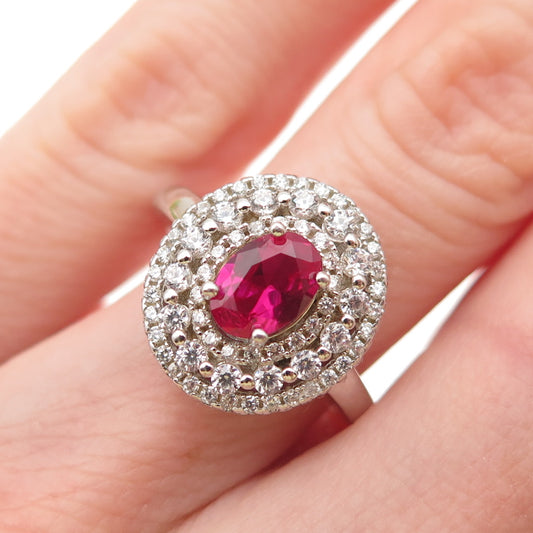 925 Sterling Silver Vintage Lab-Created Ruby & C Z Bohemian Ring Size 6
