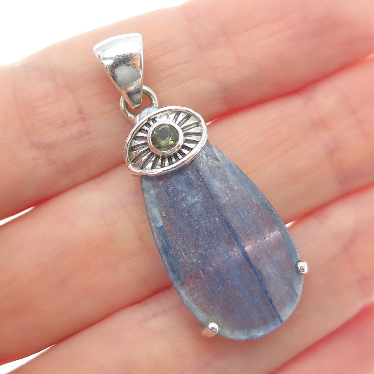 925 Sterling Silver Vintage Real Kyanite & Peridot Evil's Eye Charm Pendant