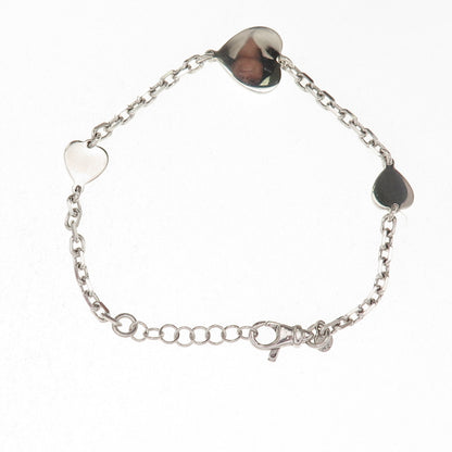925 Sterling Silver Italy Heart Station Cable Link Bracelet 6.75-7.75"