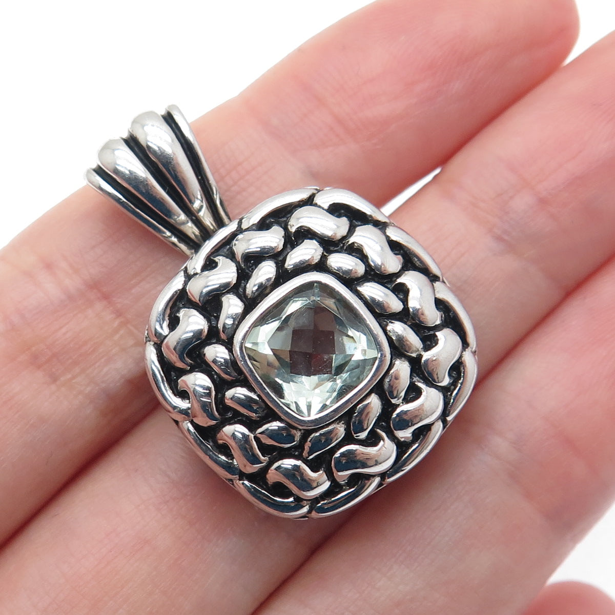 FADO 925 Sterling Silver Vintage Dublin Real Green Amethyst Modernist Pendant