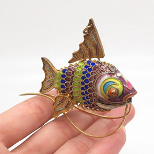 925 Sterling Silver Gold Plated Enamel Antique Chinese Koi Fish Articulated Fob