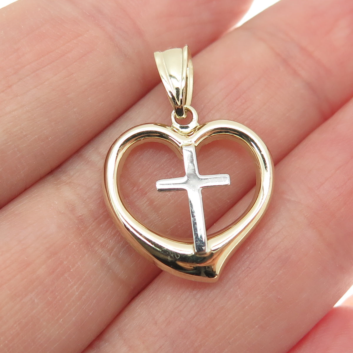 14K Yellow & White Gold Heart Cross Minimalist Charm Pendant