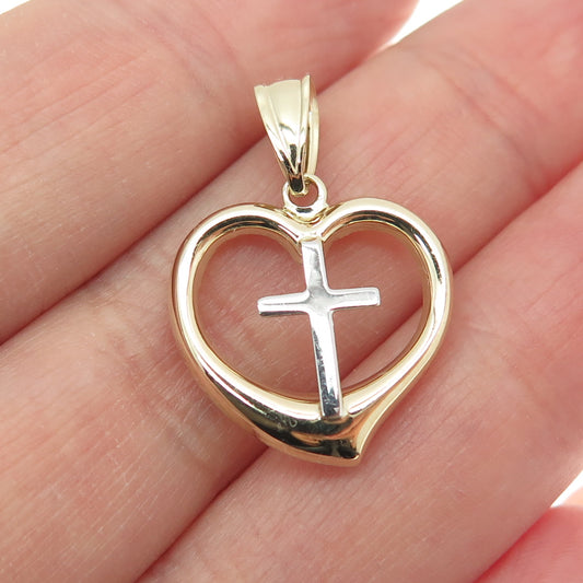 14K Yellow & White Gold Heart Cross Minimalist Charm Pendant