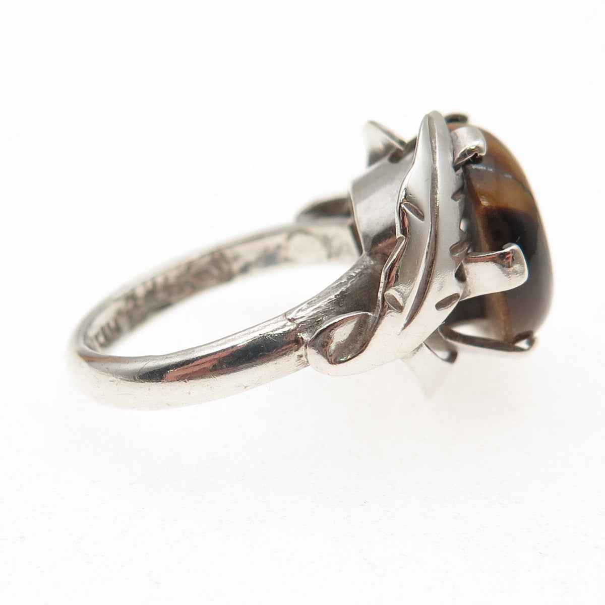 925 Sterling Silver Vintage Real Tiger Eye Feather Ring Size 6