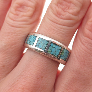 Old Pawn 925 Sterling Silver Vintage Turquoise Inlay Tribal Band Ring Size 7.75