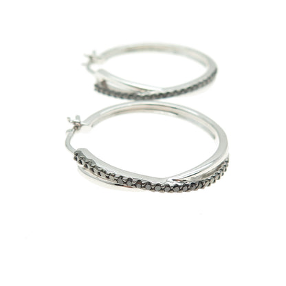 SUN 925 Sterling Silver Real Round-Cut Black Diamond Crisscross Hoop Earrings