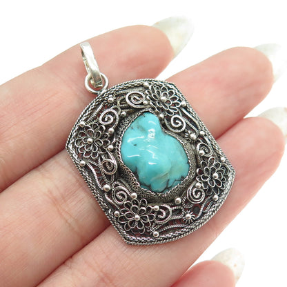 925 Sterling Silver Antique Art Deco Real Turquoise Gem Filigree Floral Pendant