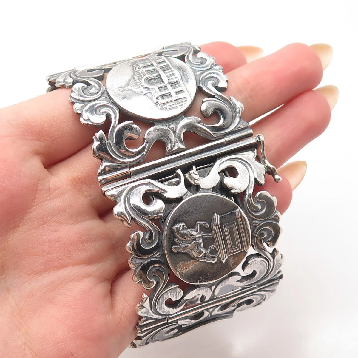 925 Sterling Silver Vintage Mexico Orante Wide Panel Link Bracelet 7.75"