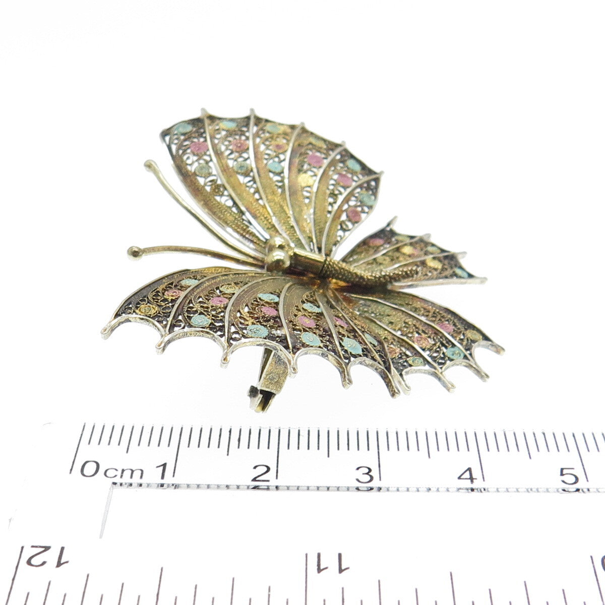 800 Silver Vintage Enamel Filigree Butterfly Pin Brooch