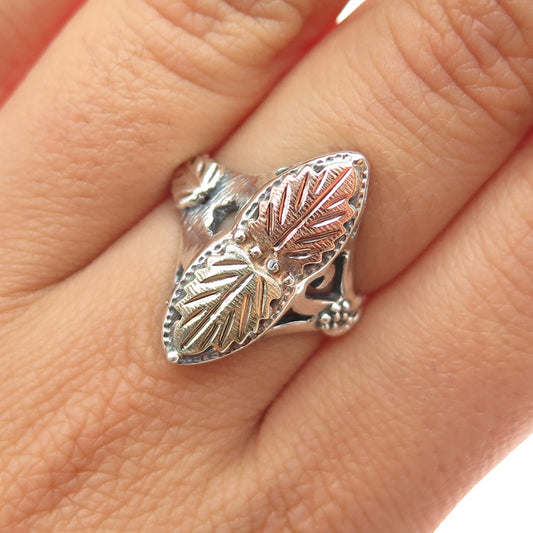 925 Sterling Silver 12K Yellow & Rose Gold Vintage Floral Leaf Ring Size 6