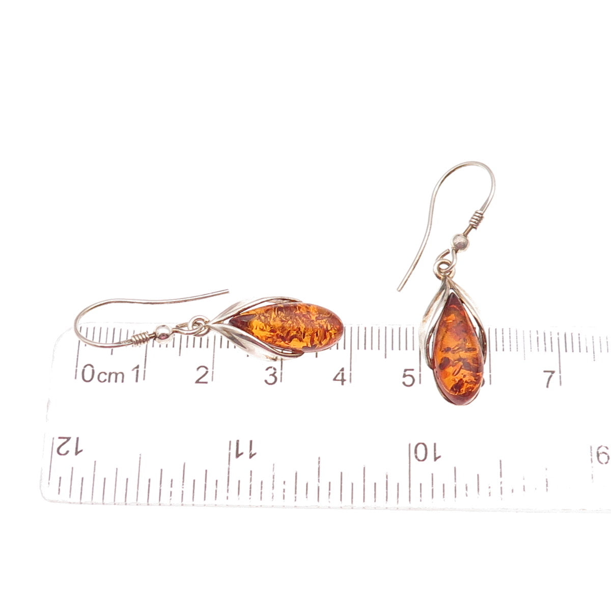 925 Sterling Silver Vintage Real Amber Modernist Floral Oxidized Dangle Earrings
