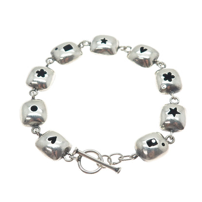 925 Sterling Silver Vintage Heart Star Flower Shadow Box Link Bracelet 7.25"