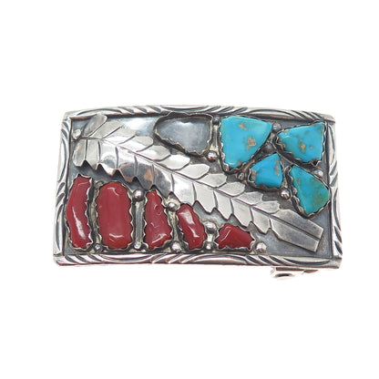FABIAN CHEAMA ZUNI Old Pawn Sterling Turquoise & Coral Buckle (missing 1 stone)