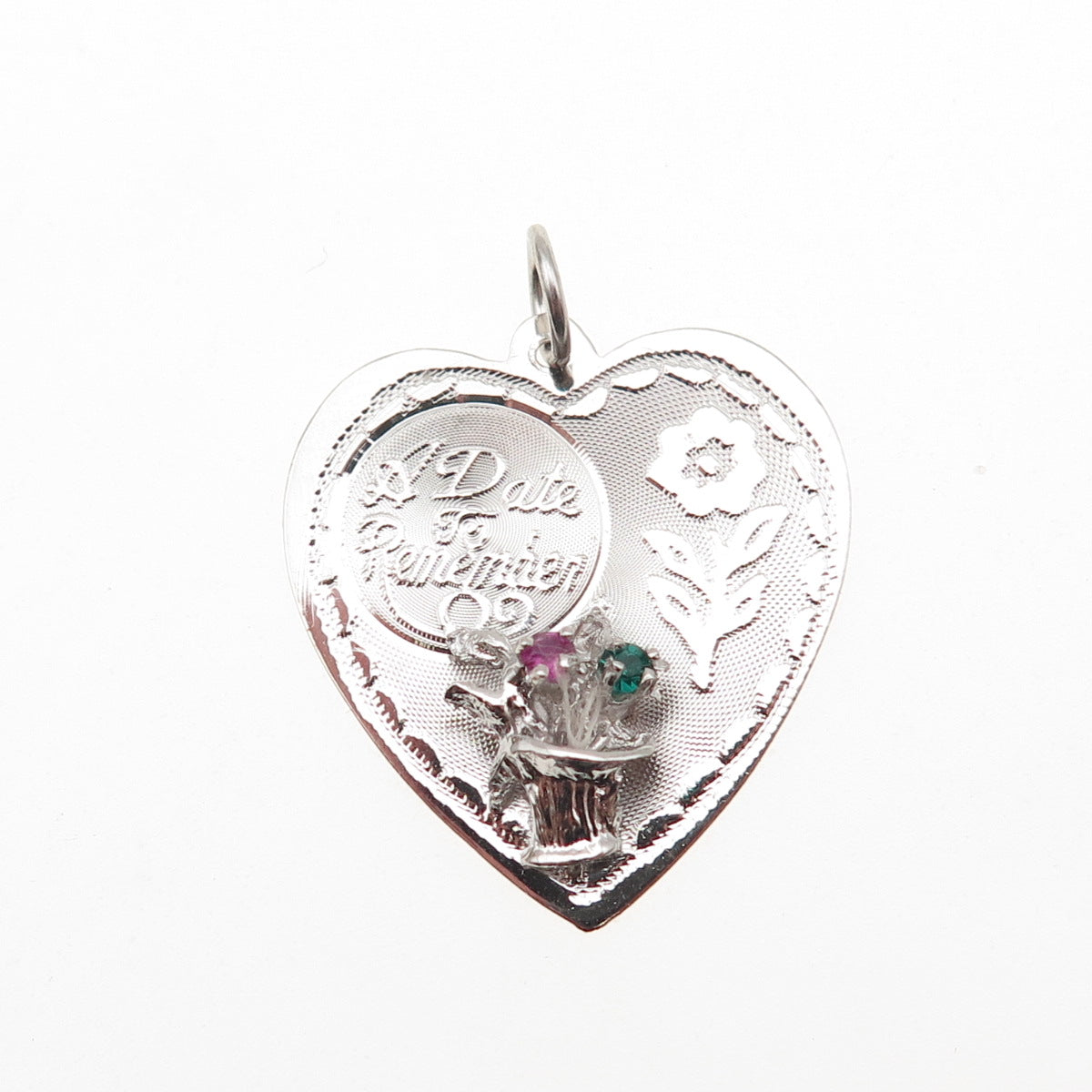 925 Sterling Silver Vintage Rhinestone A Date to Remember Heart Pendant