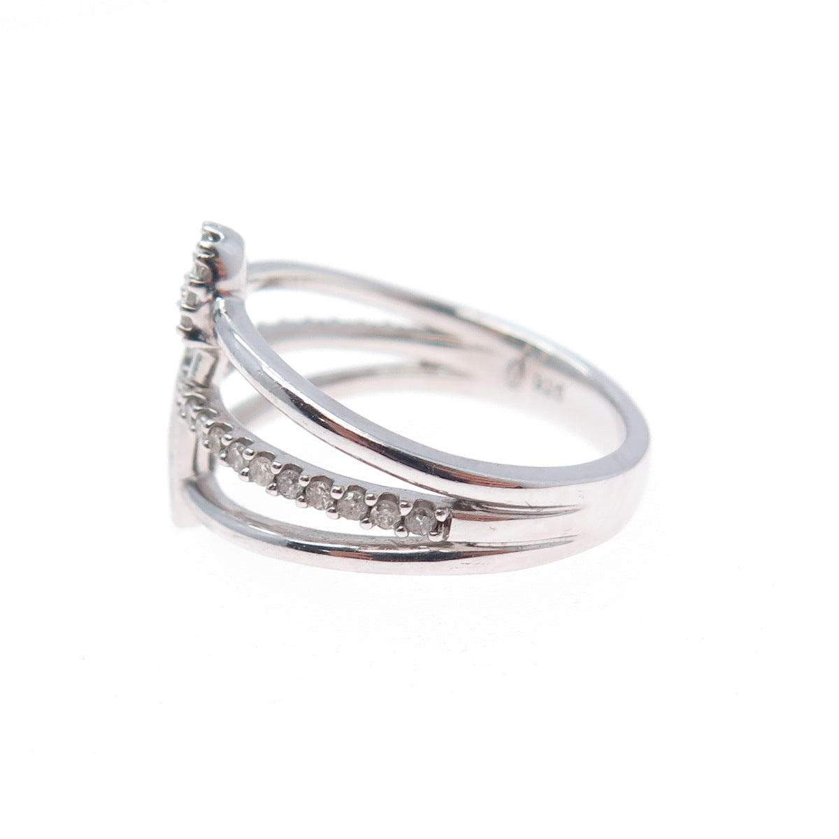 925 Sterling Silver Real Round-Cut Diamond Safety Pin 3-Row Ring Size 7