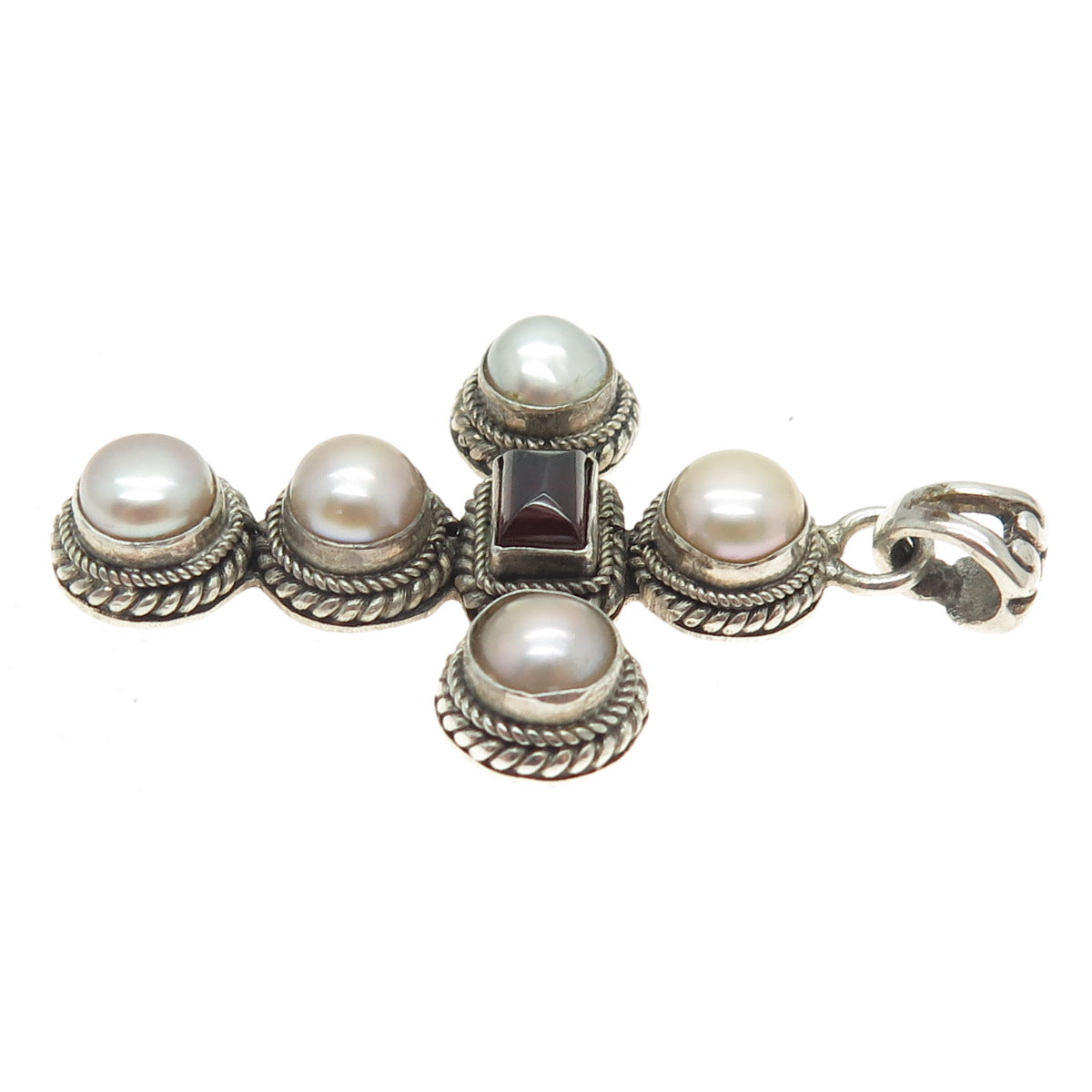 925 Sterling Silver Vintage Real Tahitian Pearl & Red Garnet Gem Cross Pendant