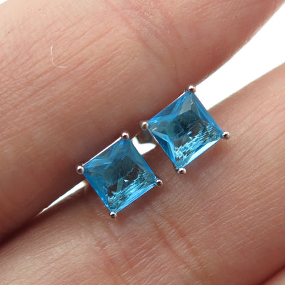 925 Sterling Silver Princess-Cut Shaped Swiss Blue C Z Stud Earrings
