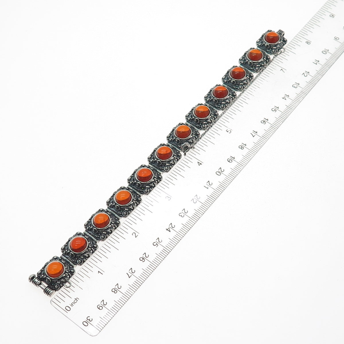 925 Sterling Silver Vintage Poland Real Amber Granulated Oxidized Bracelet 7.75"