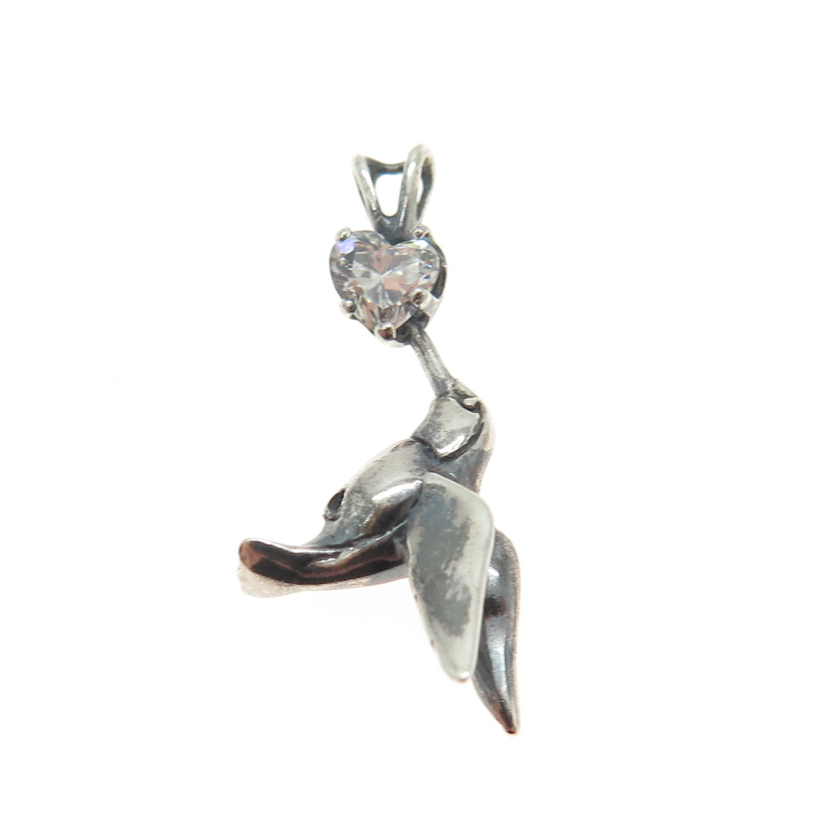 925 Sterling Silver Vintage Heart-Cut C Z Hummingbird Oxidized Mini Pendant