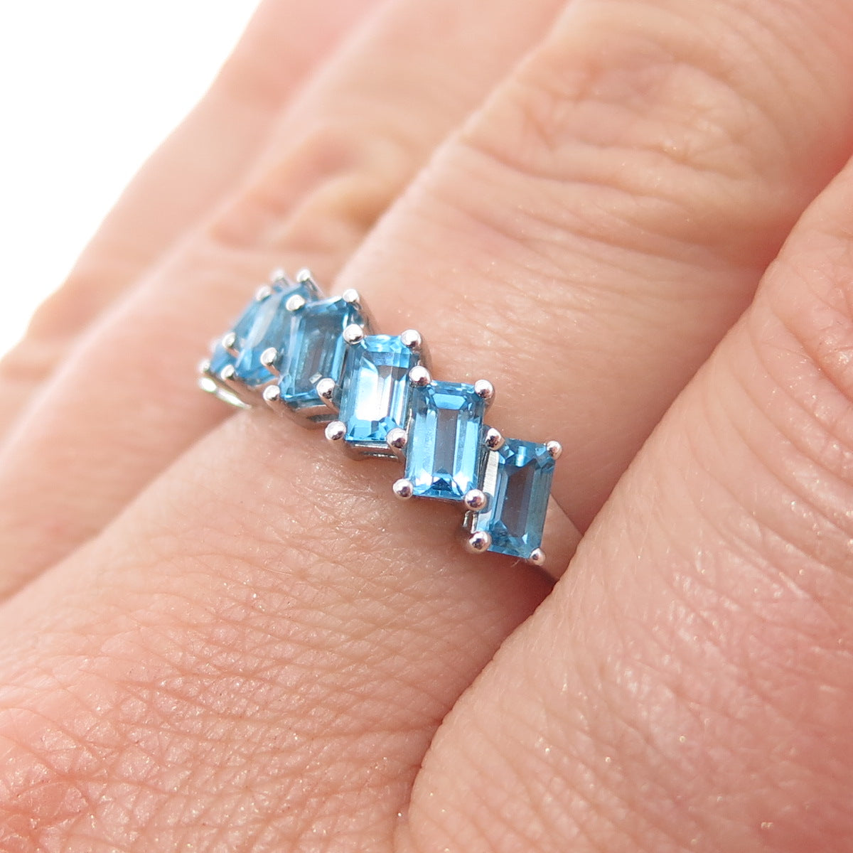 925 Sterling Silver Vintage Real Emerald-Cut Blue Topaz Ring Size 7