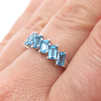 925 Sterling Silver Vintage Real Emerald-Cut Blue Topaz Ring Size 7