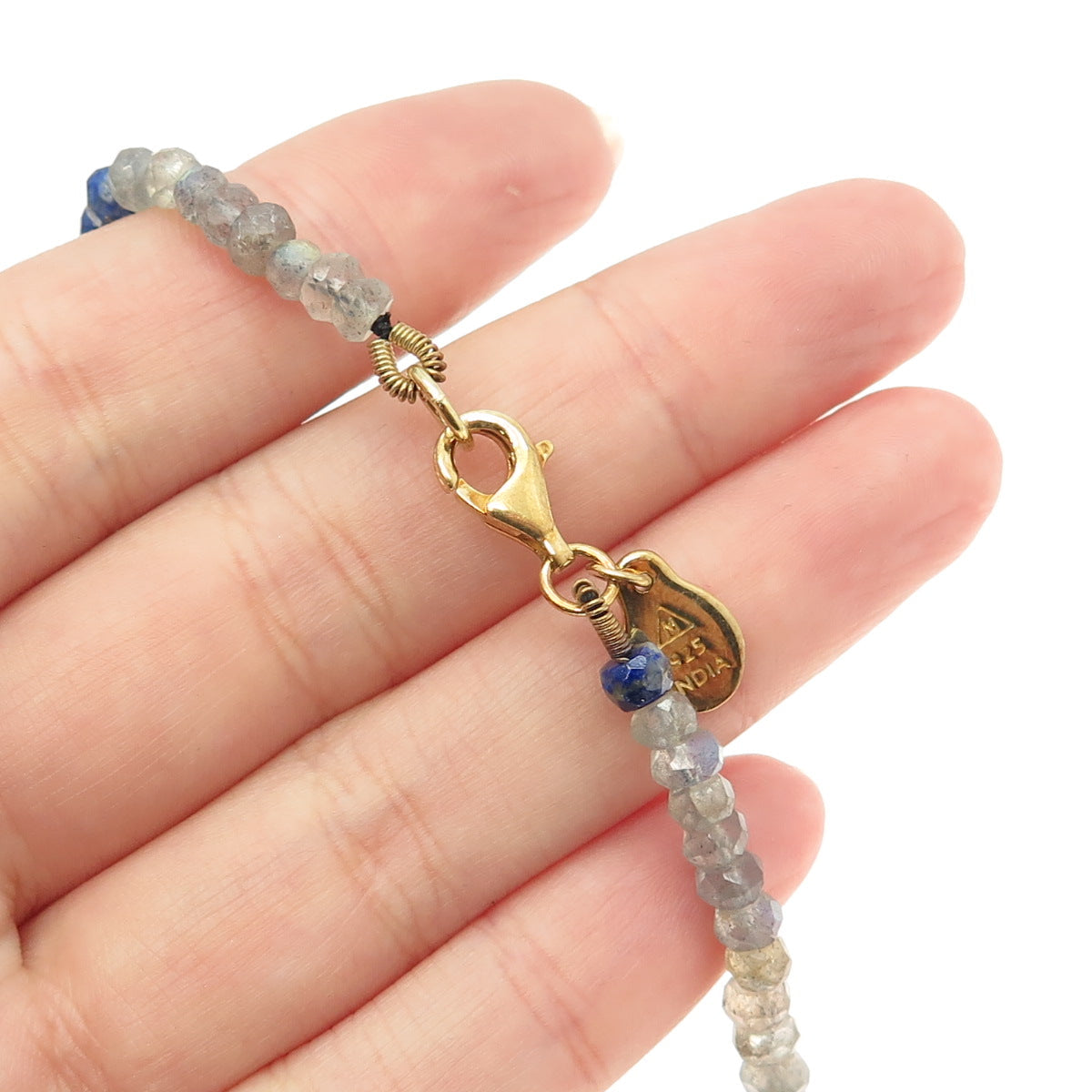 925 Sterling Silver Gold Plated Real Labradorite Lapis & MOP Beaded Necklace 18"