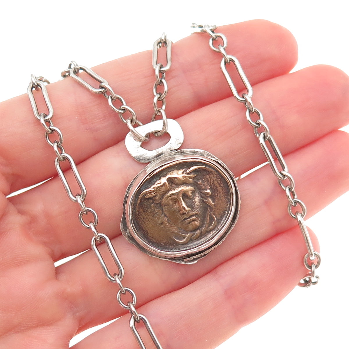 925 Sterling Silver 2-Tone Vintage Medusa Greek Coin Chain Necklace 16"