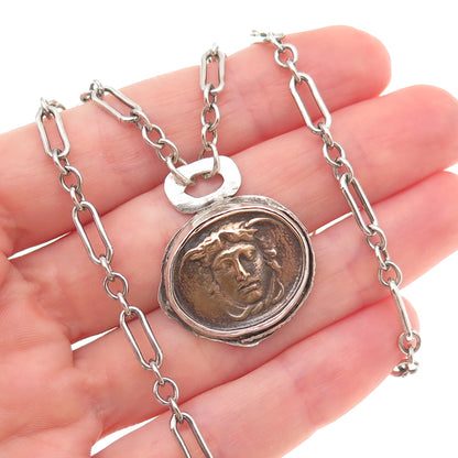 925 Sterling Silver 2-Tone Vintage Medusa Greek Coin Chain Necklace 16"