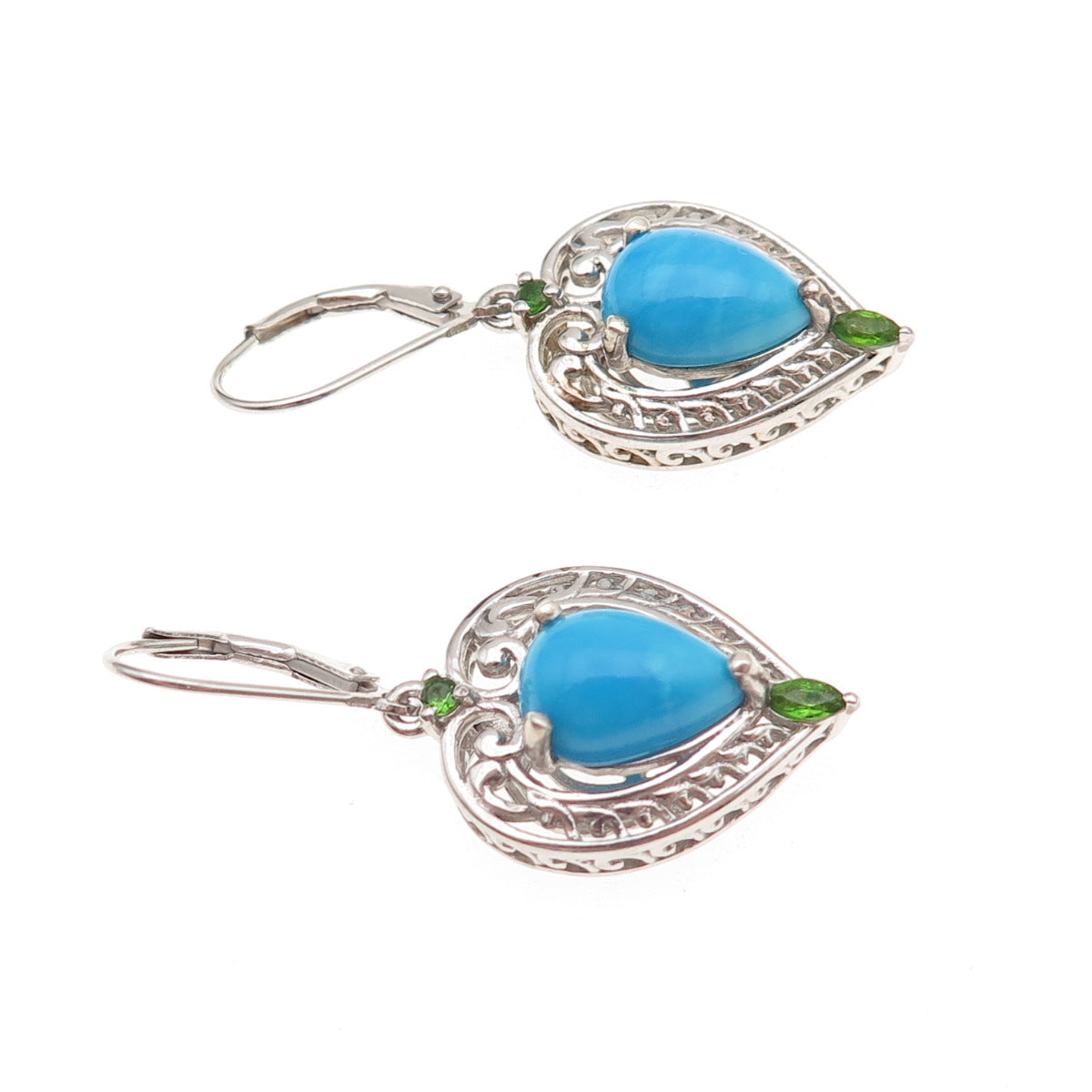Chuck Clemency 925 Sterling Silver Real Turquoise Peridot Heart Dangle Earrings