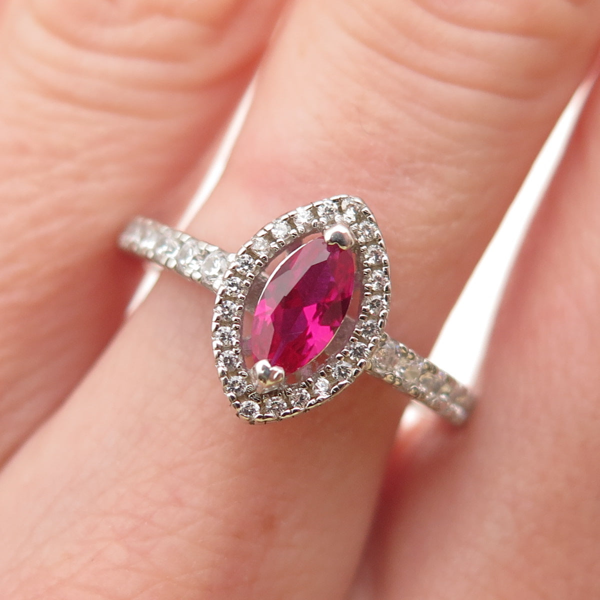 925 Sterling Silver Vintage Marquise-Cut Lab-Created Ruby & C Z Ring Size 9