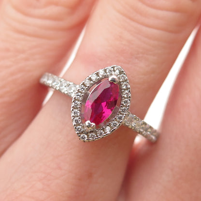925 Sterling Silver Vintage Marquise-Cut Lab-Created Ruby & C Z Ring Size 9