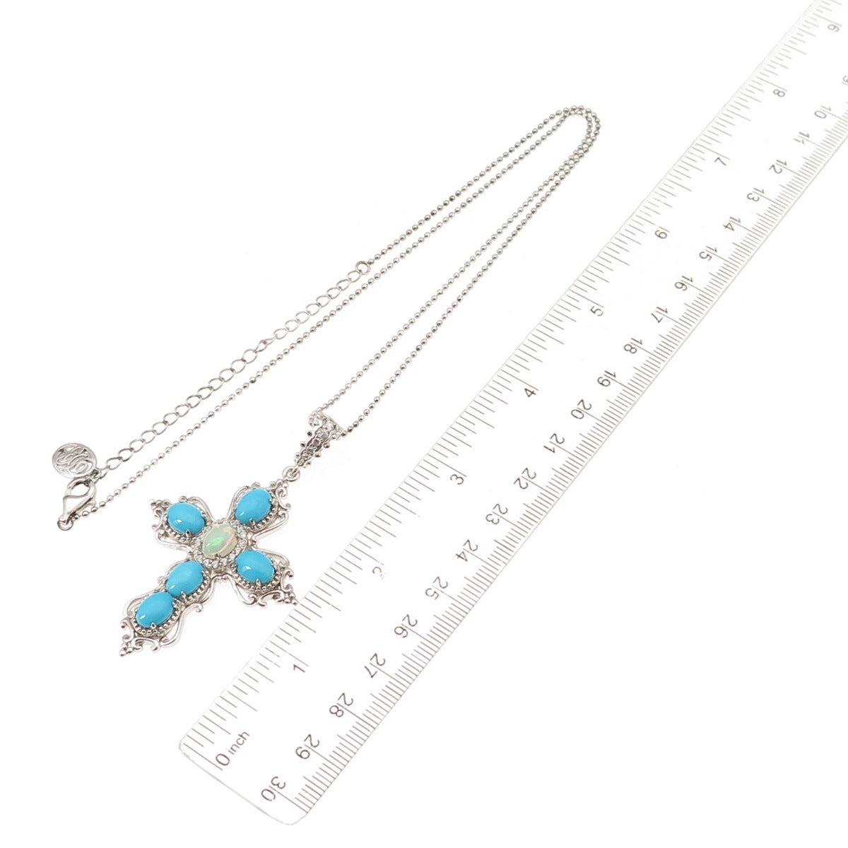 925 Sterling Silver Real Turquoise Opal Topaz Cross Beaded Chain Necklace 20-22"