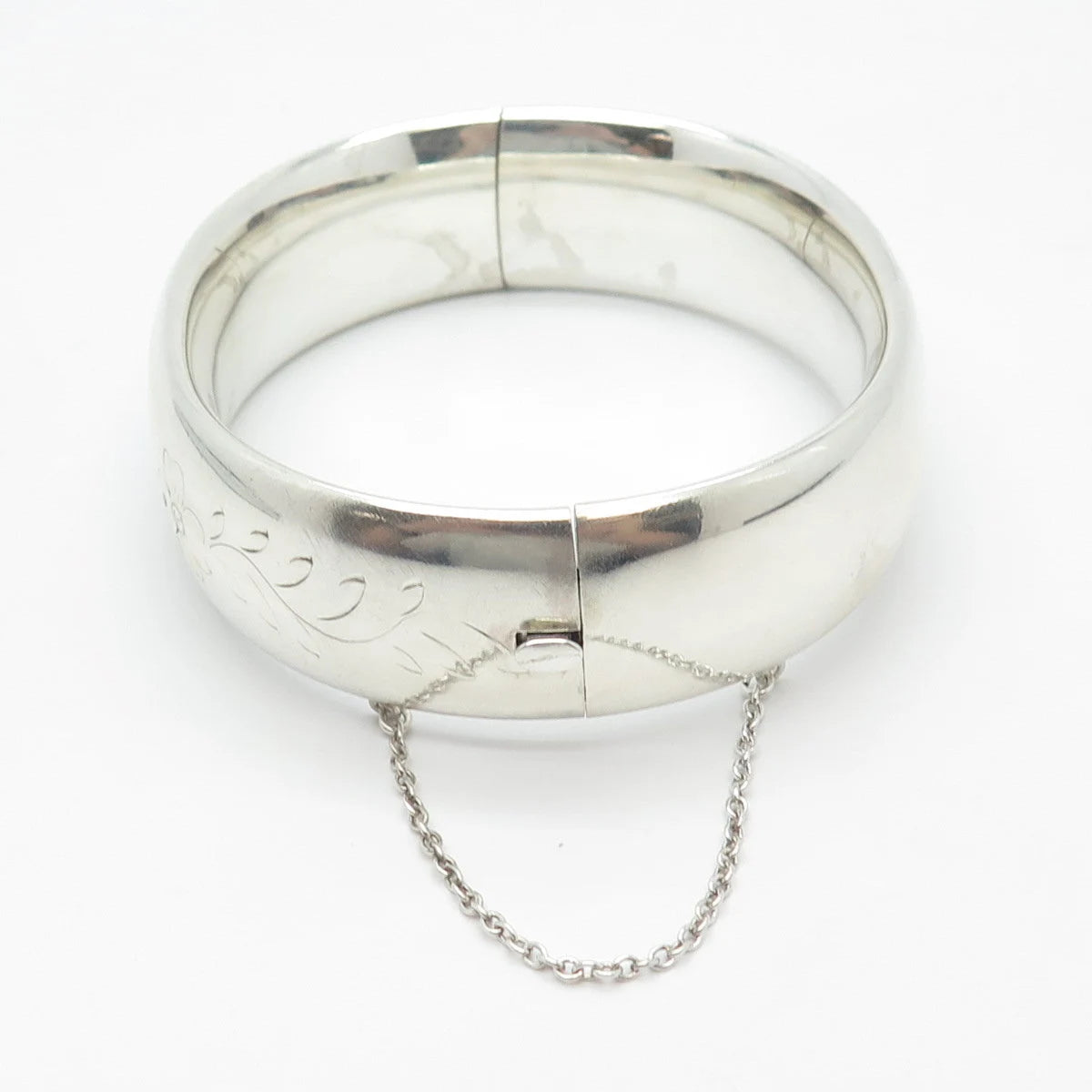 925 Sterling Silver Vintage Etched Floral Hinged Bangle Bracelet 7.5"