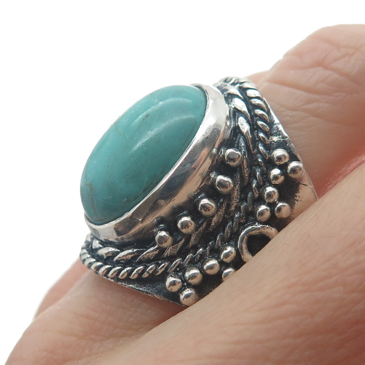 925 Sterling Silver Vintage Real Lone Mountain Turquoise Beaded Ring Size 9.5