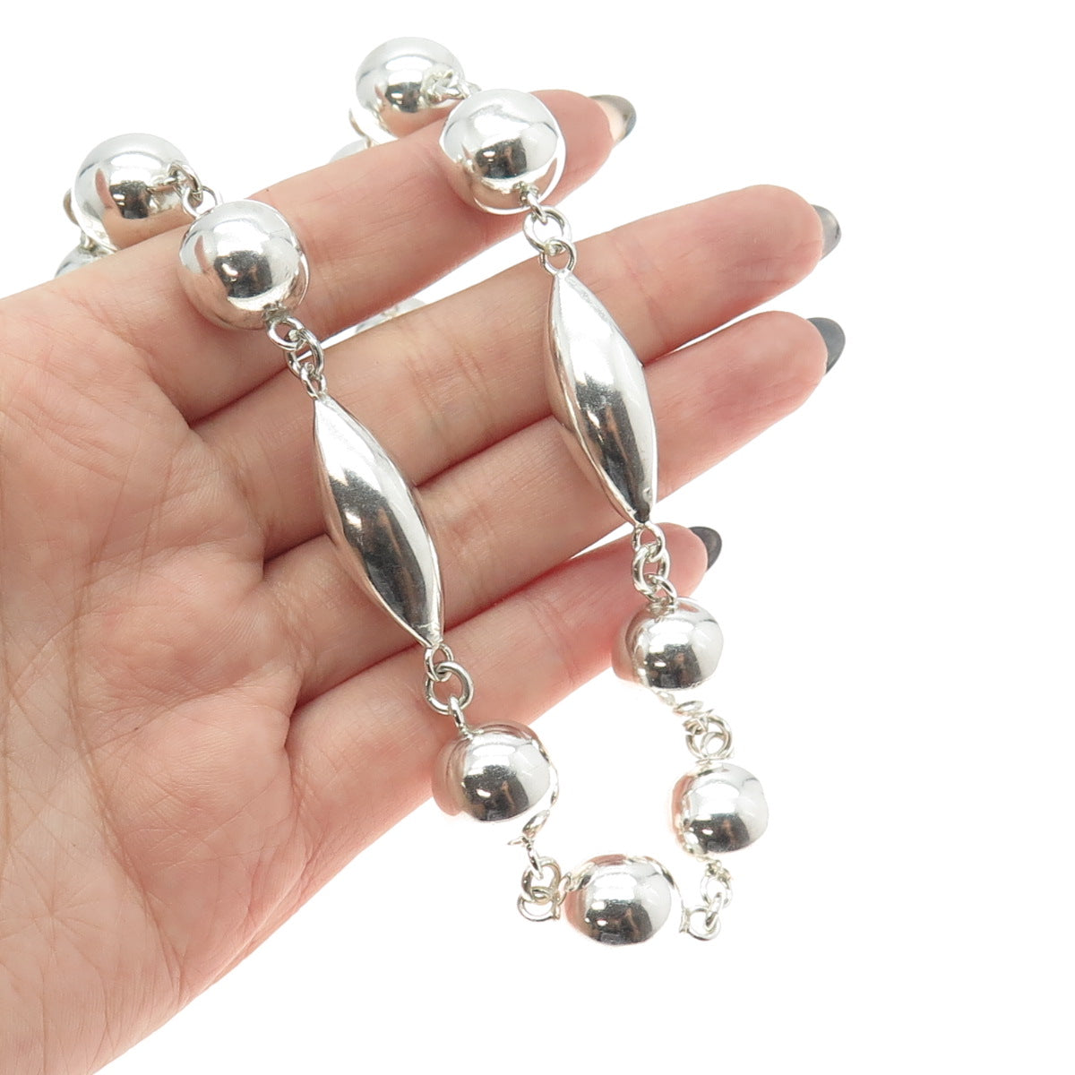 925 Sterling Silver Vintage Mexico Modernist Ball Beads Chain Necklace 24"