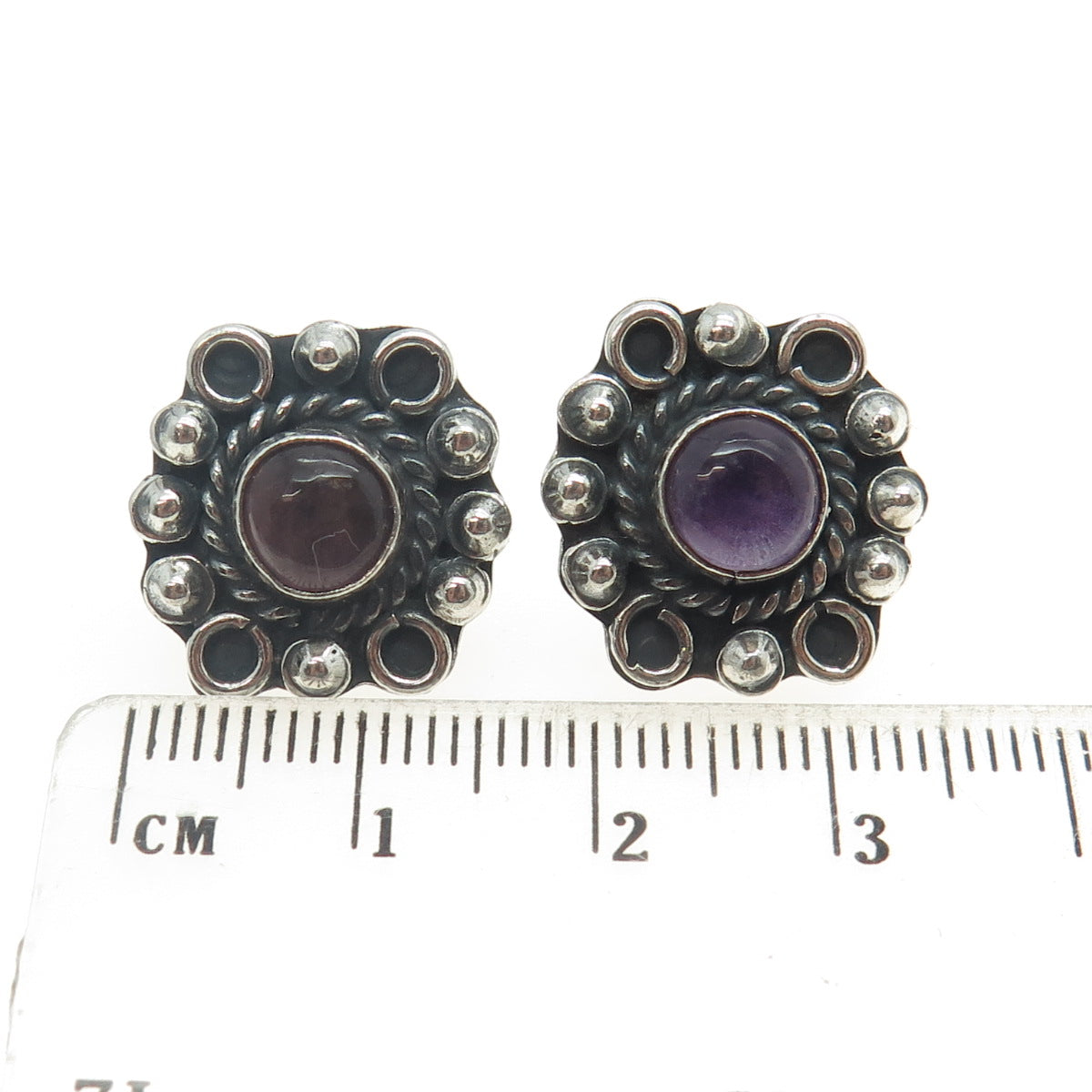 925 Sterling Silver Vintage Mexico Real Amethyst Floral Beaded Earrings