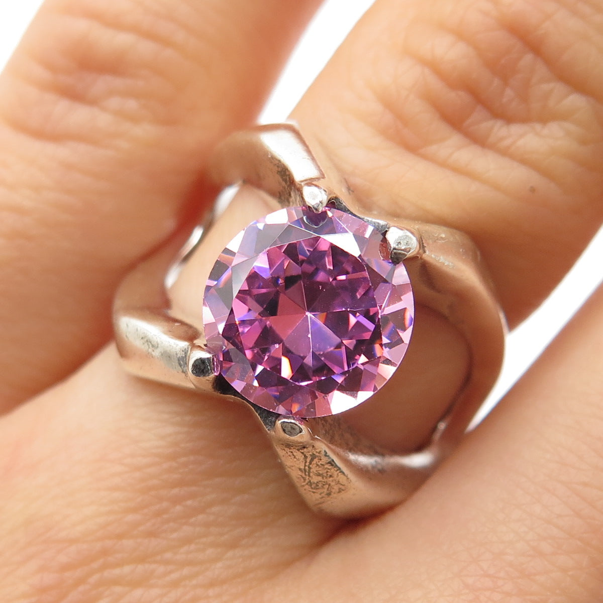 925 Sterling Silver Vintage Mexico Round-Cut Pink C Z Modernist Ring Size 7.5
