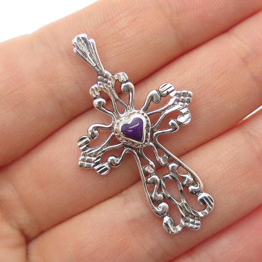 SILVER CLOUD 925 Sterling Vintage Real Sugilite Heart Fleur de Lis Cross Pendant