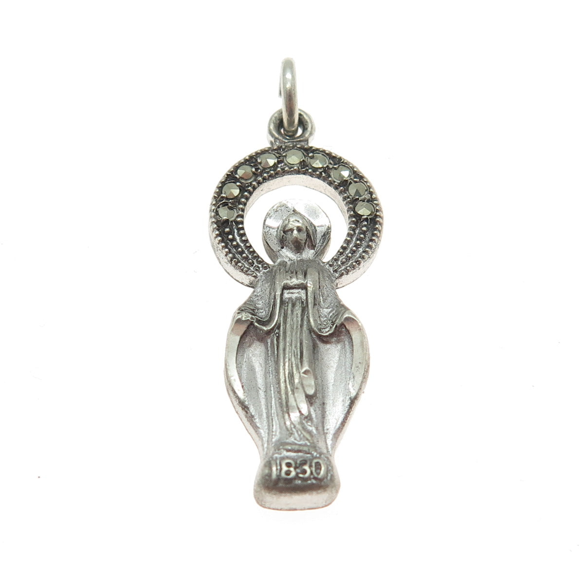 THEDA 925 Sterling Silver Antique Art Deco Real Marcasite St. Mary Pendant