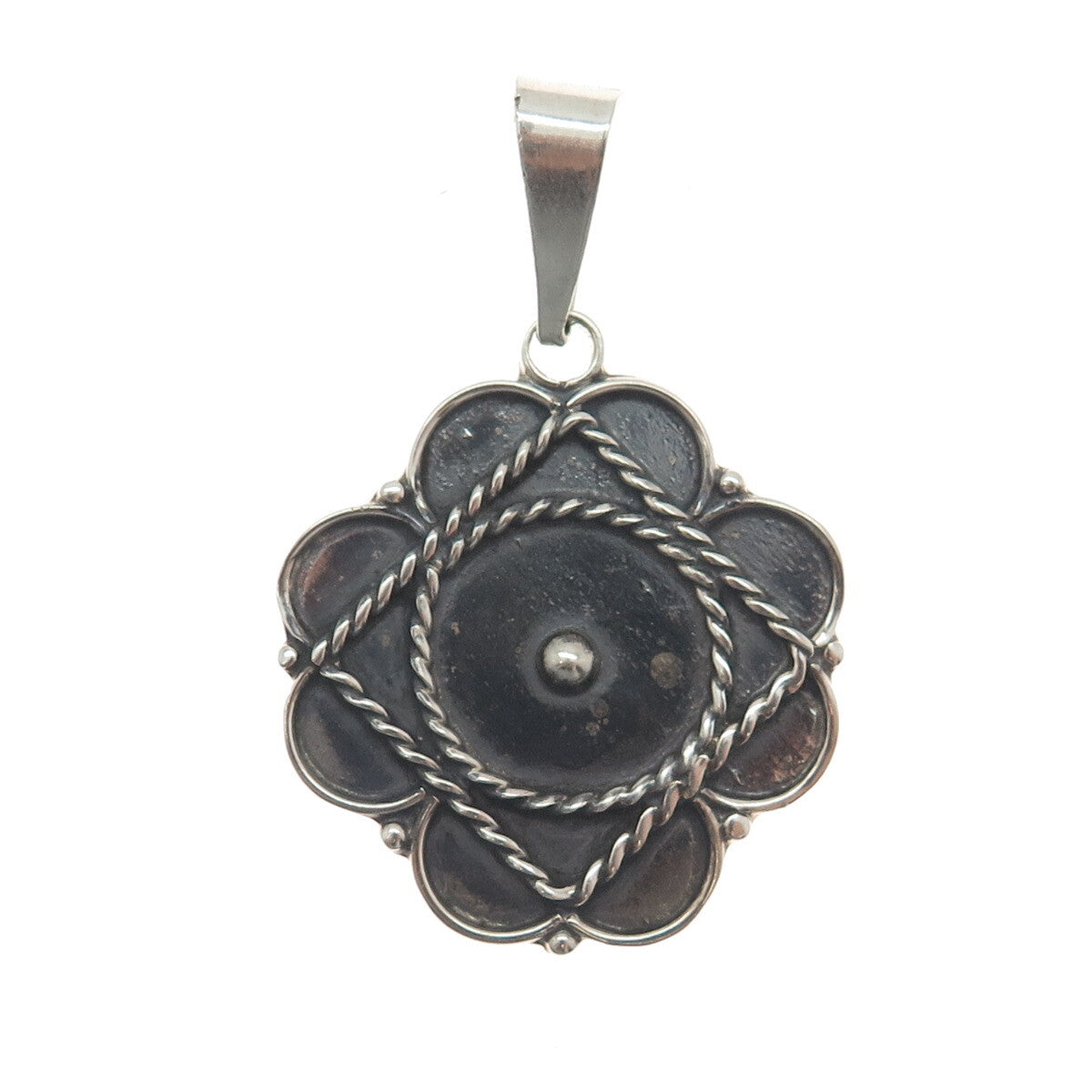 925 Sterling Silver Vintage Mexico Modernist Flower Oxidized Pendant