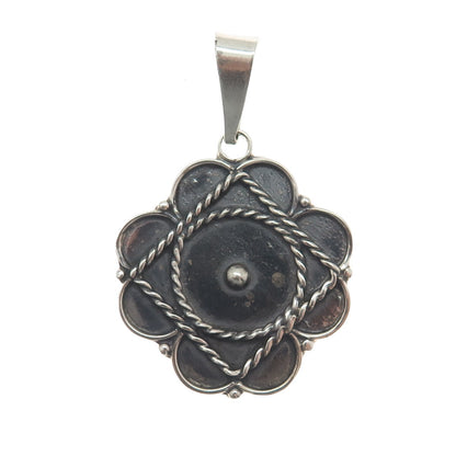 925 Sterling Silver Vintage Mexico Modernist Flower Oxidized Pendant