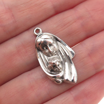 925 Sterling Silver Vintage St. Mary & Jesus Oxidized Charm Pendant