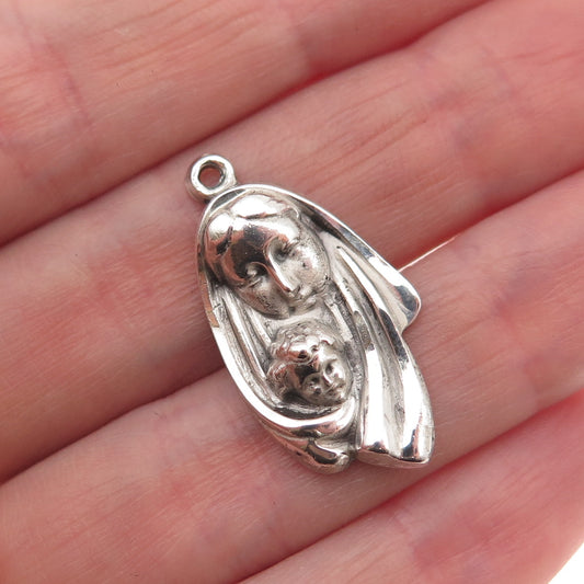 925 Sterling Silver Vintage St. Mary & Jesus Oxidized Charm Pendant