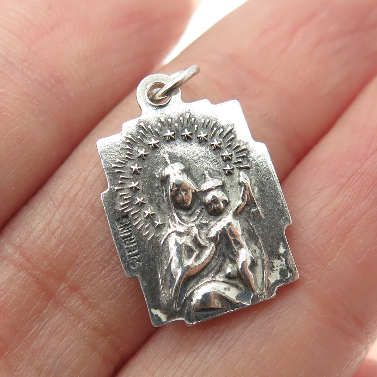 925 Sterling Silver Antique Jesus St. Mary & Baby Jesus Religious Pendant