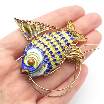 925 Sterling Silver Gold Plated Antique Enamel Chinese Koi Fish Articulated Fob