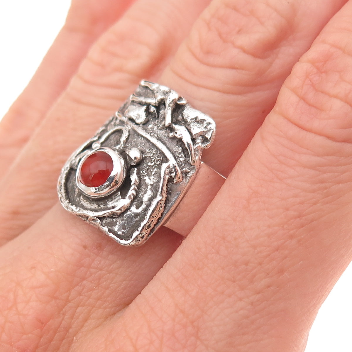 Felice Sterling Silver Vintage Real Carnelian Modernist Oxidized Ring Size 7.5