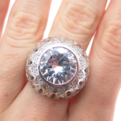 925 Sterling Silver Round-Cut C Z Flower Dome Ring Size 8