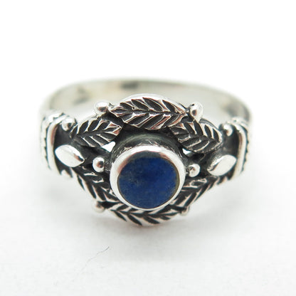 925 Sterling Silver Vintage Real Lapis Lazuli Gemstone Leaf Ring Size 6.5