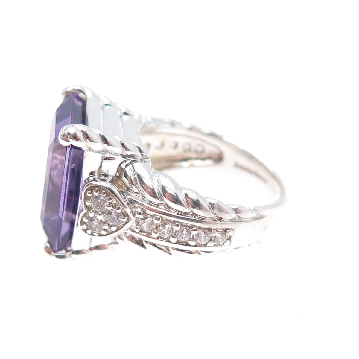 JUDITH RIPKA 925 Sterling Silver Real Emerald-Cut Amethyst & C Z Ring Size 6.25